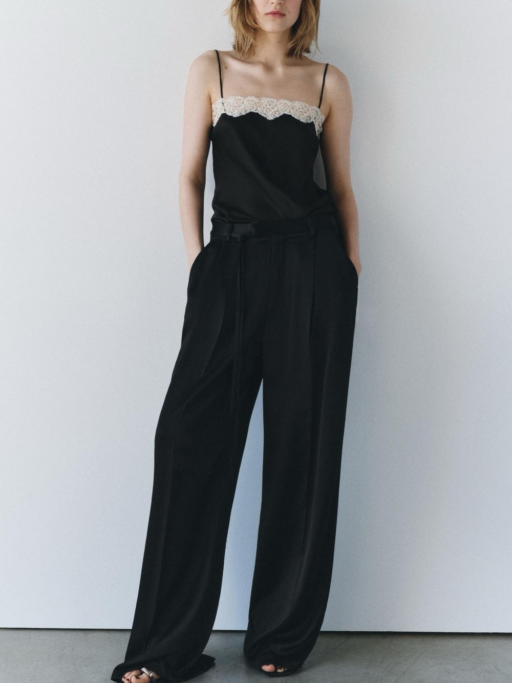 Zara Black Camisole with Cream Lace Trim
